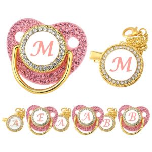 ใหม่ทารกแรกเกิด Pacifiers สําหรับทารก Rhinestones สีชมพูส่วนบุคคล Pacifier คลิปชุดฝาปิด 26 ชื่อชื่อเริ่มต้นทารกจุกนม Teether ของขวัญ