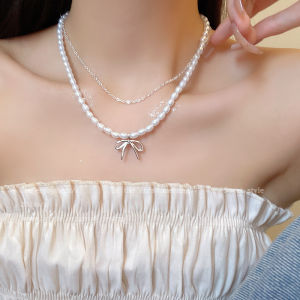 Vòng cổ ngọc trai xếp chồng đôi nơ cá tính đa năng