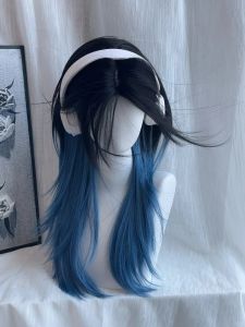 Wolf Tail Wig Natural Long Straight Human Hair Full Head Cover Fish Head Halloween Cosplay Black Blue Waterdrop Design Hair Extension