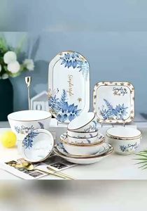 Bộ chén đĩa sứ hoạ tiết hoa xanh Simple style men bóng cao cấp