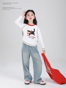 Girls Long Sleeve T-Shirt Spring Autumn Loose Outerwear Korean Design Cartoon Print Short Top Breathable round Neck Regular Fit