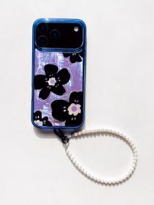 Natural Abalone Shell Phone Case for 17Promax Purple Frame Silicone Floral Print Simple Cartoon Mobile Phone Cover