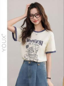 YOUXIANG | Áo Thun Tay Ngắn Cổ Tròn In Hình Độc Đáo