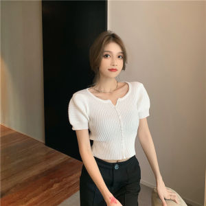 เสื้อคาร์ดิแกนถักแขนสั้นผ้าไหมน้ำแข็งสไตล์ฝรั่งเศสสำหรับสาวๆ ฤดูร้อน เสื้อคลุมกันหนาวแบบบาง ทรงเข้ารูป คอวี กระดุมเดียว