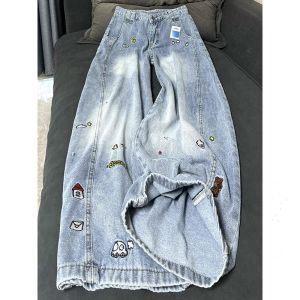 SUODUN | Quần Jeans Rộng Kiểu Cổ Điển Thêu Hình Hoạt Hình Xanh Nhạt