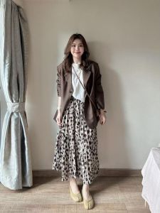 Autumn Winter Fashion Korean Style Coffee Color Suit Jacket Leopard Print Mini Skirt Two Piece Set High End Feelings Women
