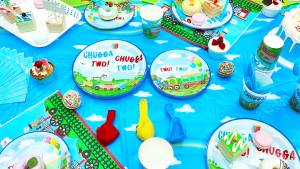 Potdemiel | 157 Pcs Train Party Decorations & Tableware Set - Plates Tablecloth Banner Balloons Etc. Chugga Two Birthday Decorations