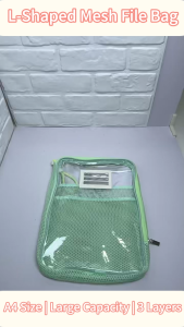 3-Layer Mesh File Bag L-Shaped Opening Tutoring Bag Handheld Portable Zipper Pouch Bag For School