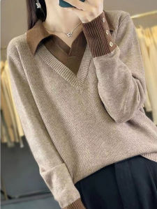 Plus Size Womens Clothing Fat Sister Base Knitwear Womens Long Sleeves Fake Two-Piece Tops Fashionable Stylish Polo Collar Sweater