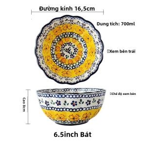 Bát Ăn Bún Sứ Cỡ Lớn Phong Cách Scandinavia Họa Tiết Hoa Cổ Điển Dùng Trong Gia Đình Bát Ăn Bún Sứ Tròn Miệng Đường Kính 65 Inch