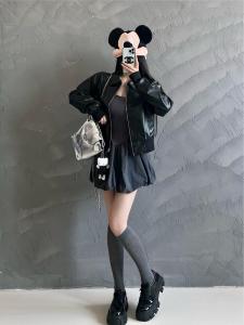 แจ็คเก็ต PU หนังสไตล์มอเตอร์ไซค์แบบหลวมๆ สไตล์ย้อนยุค M5733 Tagkita แจ็คเก็ตแบบมีซิปสำหรับผู้หญิงในฤดูใบไม้ร่วงปี 2024