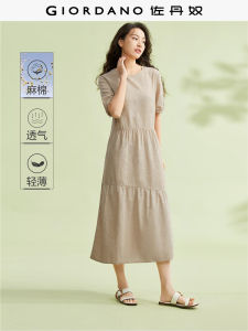 Ganesh Casual Cotton Linen Bubble Sleeve Thin round Neck Dress Summer Leisure Style Loose Waist Cake Skirt Single Piece