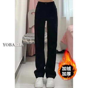 High Waist Elastic Fleece Lined Denim Jeans Womens Autumn Winter Straight Leg Pants Slimming for Pear Shaped Body Casual Cotton Stretch Denim