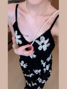 Homecore | Beach Vacation Floral Print V-neck Halter Dress Summer Unique Style Casual Outdoor A-line Skirt Polyester Fiber No Sleeve