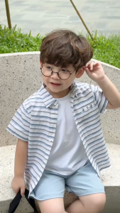 Set bộ sơ mi kẻ ngang phối túi cho bé trai áo sơ mi kẻ kèm quần short kaki 9đến 26kg BERNIE P1224B19