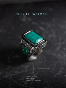 Mens Large Size Middle Ages Vintage Carved Green Stone Ring Titanium Steel Fashion Jewelry Night Works Mohamed II Ring