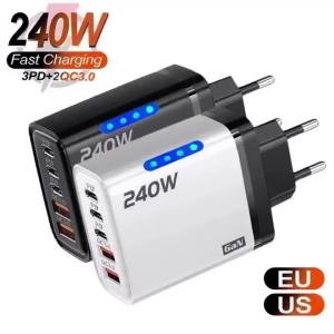 240W GaN Fast Charger LED Indicator  5 In 1 Multi Port Charger 2 USB+3 Type-C PD Power Adapter For iPhone Samsung Huawei Xiaomi