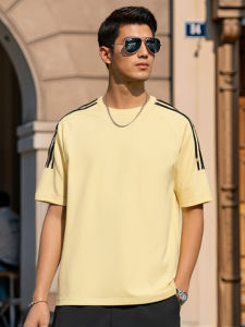 เสื้อยืดคอกลมแขนสั้นผ้าฝ้ายแท้ ทรงหลวม แฟชั่นฤดูร้อน 2025 สำหรับผู้ชาย ทรงหลวม ลายทาง ทรงหลวม แฟชั่น