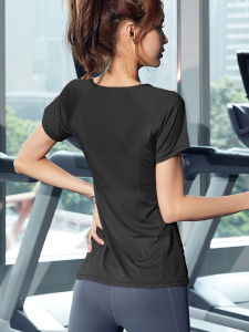 Womens Yoga Fitness Shirt Short Sleeve Mesh Mid-Length Quick Dry Breathable Slimming Sportswear Polyester Elastic Fiber