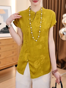 QINGNAER | Chinese Style Retro Floral Slim Fit Big Size Womens Blouse
