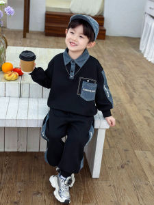 Boys Fleece Lined Polo Shirt And Pants Set Long Sleeve Hoodie Cool Trendy Cuffed Trousers Spring Autumn Winter Kids Outfit