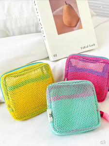 กระเป๋าใส่เครื่องสําอาง แบบตาข่าย สีสดใส พร้อมหูหิ้ว ขนาดเล็ก น้ำหนักเบา พกพาสะดวก