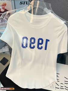 เสื้อยืดคอกลมแขนสั้นผ้าฝ้ายแท้สไตล์ยุโรปสำหรับผู้หญิง ดีไซน์ฤดูร้อน เสื้อเชิ้ตทรงเข้ารูป เสื้อแฟชั่นลำลอง