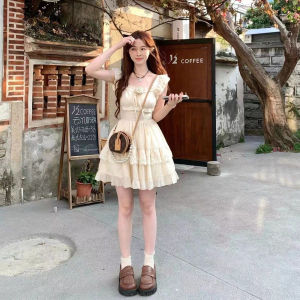 Váy Ngắn Công Chúa Tay Lỡ Ngọt Ngào Mùa Hè Cho Nữ Váy Chữ a Cạp Cao Váy Ngắn Tay Lỡ Cổ Vuông Không Tay