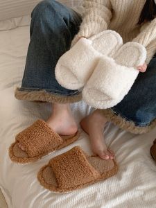 Retro Lamb Fur Slippers Comfortable All-Match Simple Warm Womens Indoor Bedroom Winter One-Strap Cotton Slippers Home Shoes