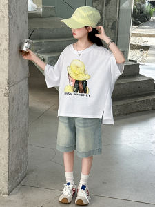 Girls Denim Shorts Summer Outfit Five-Quarter Length Elastic Waist Printed Design Breathable Lightweight Childrens Clothing