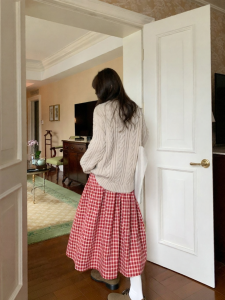 NIHAOKANONG | Chân Váy Midi A-line Cao Waist Vintage Check