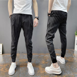 Slim Fit Mens Casual Pants Striped Pattern High End Versatile Nine Point Cuffed Trousers for Spring Autumn Season
