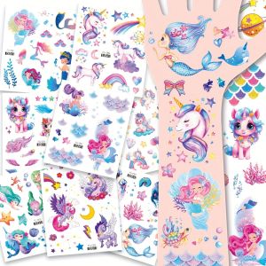 12 Sheets Glitter Unicorn Mermaid Temporary Tattoo Stickers For Kids Cartoon Rainbow Tattoos Cute Waterproof Body Art Fake Tatoo