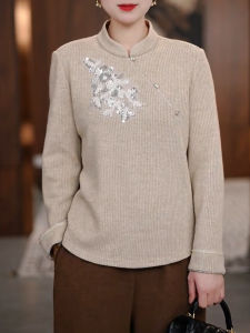 QINGNAER | Elegant Youthful Chinese Style Knitted Sweater Stand Collar Embroidered Winter Large Size