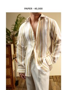 Lightweight Breathable Linen Striped Long Sleeve Shirt with Windsor Collar