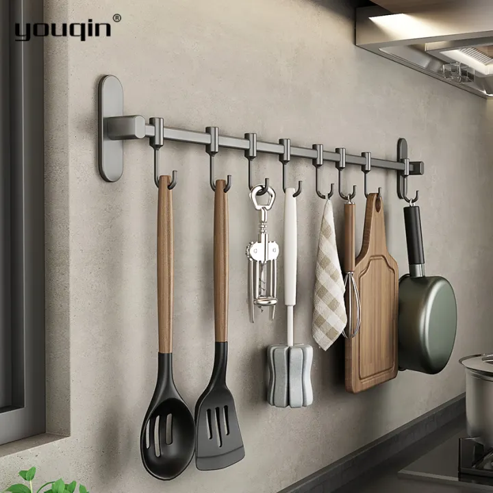 youqin Kitchen Hanging Rack with Movable Hooks Wall Mounted Holder  Stainless Steel Single Rod Bar Easy Storage Rack Strip Kitchenware  Organizers for Pantry Utensil Tool Sundry Storage Rack with