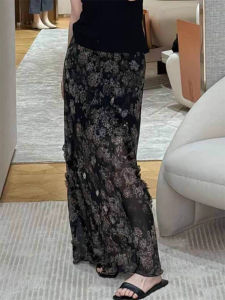 Retro Style High Waist Floral Print Mini Skirt for Women Black Asymmetrical Hem Commute Straight Cut Long Skirt Spring 2025