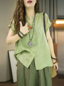 Shalldoer | Retro Hong Kong Style Short Sleeve Shirt Womens Loose Casual Versatile Top Wooden Edge Design Summer Fashion Ladies Clothing