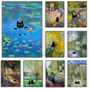 Paper Jigsaw Puzzle 500/1000/1200/2000PCS Monet Style Black Cat Lotus Pond Art DIY Craft Hobby Wall Decor Gift