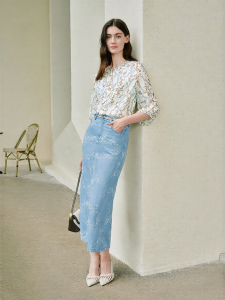 Heavily Embroidered H Shape Back Slit Denim Skirt