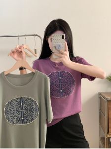 Áo Thun Dệt Kim Tay Ngắn Dáng Rộng Mùa Hè Cho Nữ Cỡ Lớn Áo Thun Dệt Kim Đính Hạt Phong Cách Quốc Gia Cổ Tròn Thường Ngày