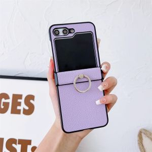 szhaiyu | For Samsung Galaxy Z Flip 8 7E 7 6 5 4 Luxury Litchi Grain Leather Case With Metal Ring Bracket Rotating Stand Shockproof Cover