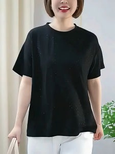 QINGNAER | Glitter Slim Fit Round Neck Short Sleeve T Shirt Big Size