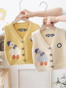 Fashionable Knitted Cartoon Baby Girl Vest Spring Autumn 2024 Infant Pocket Square Korean Style Open Cardigan for Boys And Girls