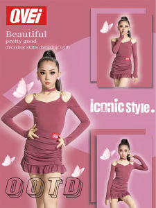 QVEi | Girls Latin Dance Costume Shoulder-Exposing Long Sleeves Training Performance Wear