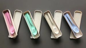 【K-Home】Wheat Cutlery 3pcs Set Eco-friendly Reusable Dinner Tableware Kit Box Chopsticks Spoon Fork Portable Utensils