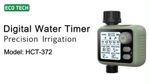 Bộ hẹn giờ tưới nước cây tự động HCT-372: màn hình LED 5 chương trình độc lập Cảm biến mưa chống nước IPX5 khóa an toàn tiết kiệm pin.