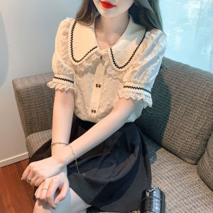AMMIN Korean Style Sweet hook flower Hollowed out lace stitching lapel commuting chiffon shirt womens Korean style bow button Sweet Bubble sleeve short sleeve chic elegant blouse