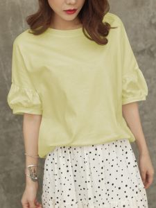 Cotton Cotton Nữ Bong Bóng Tay Ngắn Phong Cách Mùa Hè Rời K-phong Cách Crewncked Màu Nguyên Chất Miếng Dán Cường Lực Vải Xếp Quần Áo Làm Việc