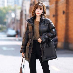 Tagkita Womens Real Sheepskin down Jacket Loose Fit Stand Collar Long Sleeve Zipper Coat Winter Fashion Outerwear